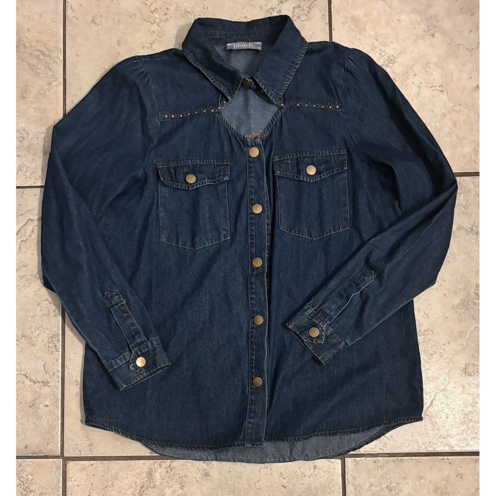 Blue B Women's Dark Wash Studded Keyhole Long Sleeve Snap Denim Shirt M - Picture 2 of 7